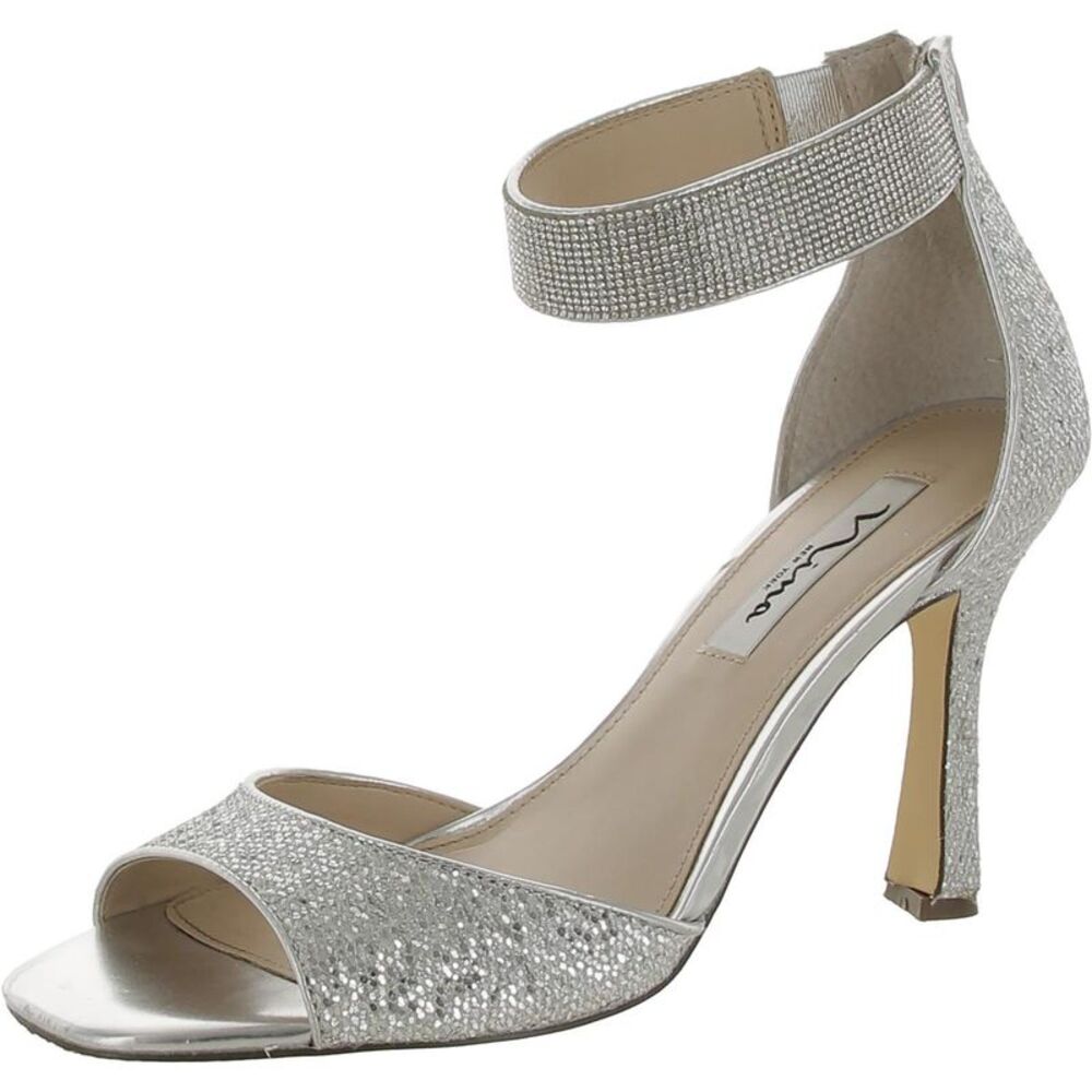 Nina Womens Silver Faux Leather Glitter Rhinestone Heels Sandals Used